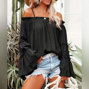 CHIC COLD SHOULDER SPAGHETTI STRAP FEMININE RUCHED DETAIL & LETTUCE TRIM BLOUSE